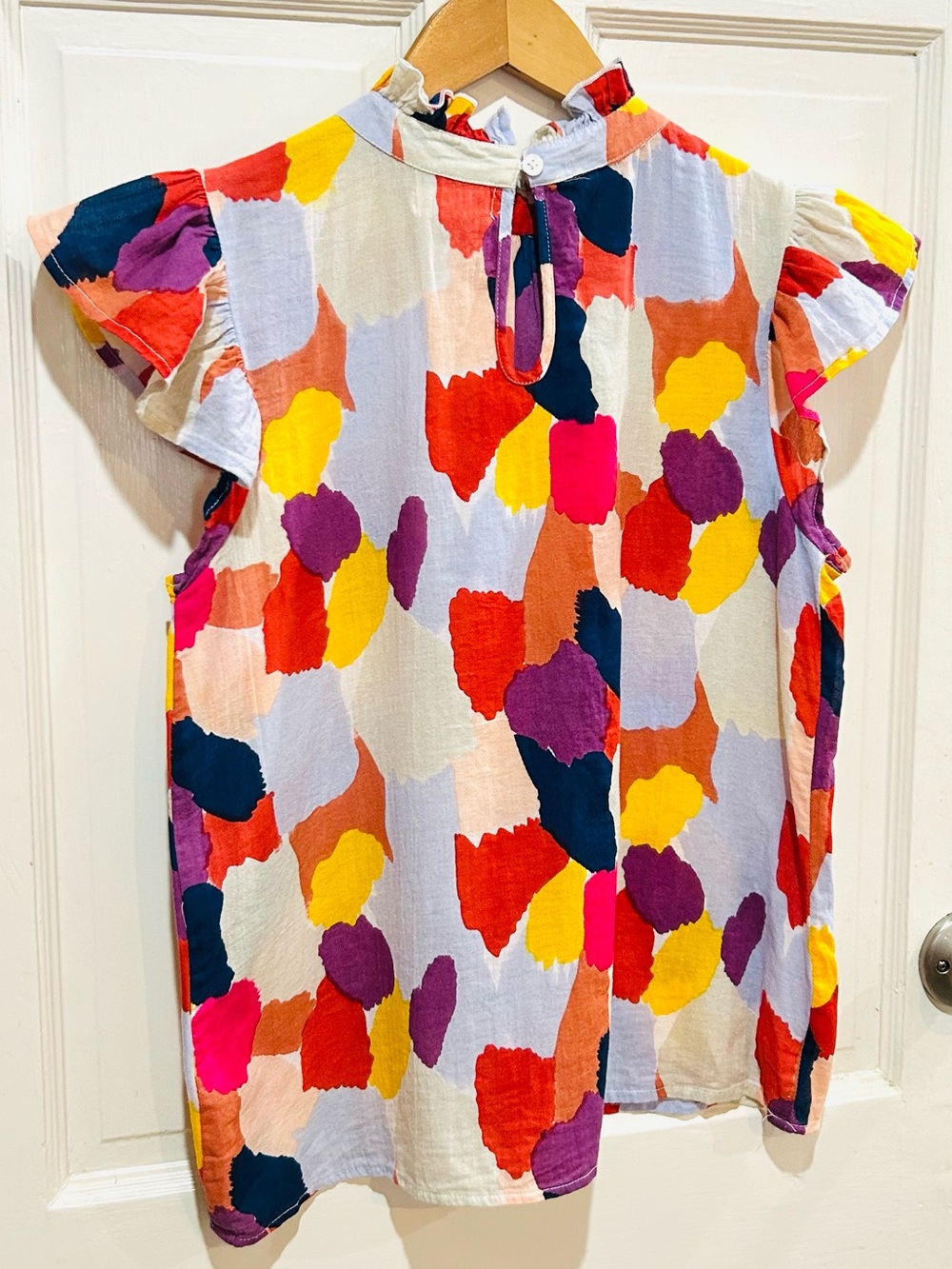 THML Colorful Abstract Print Ruffle Sleeve Cotton Top Dopamine Dressing Size S - Picture 2 of 8